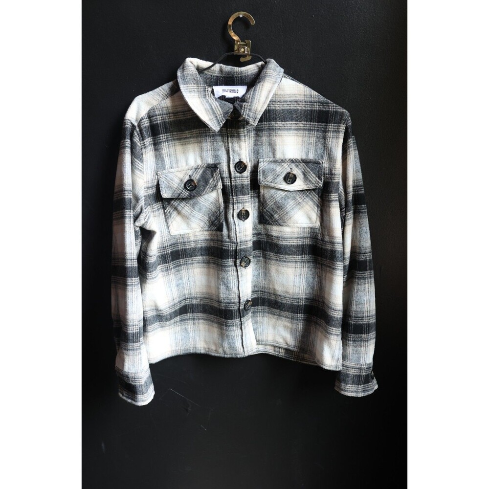 BB Dakota Steve Madden Boxy Shacket Black Tan Plaid Button Down Cozy Cabin Large